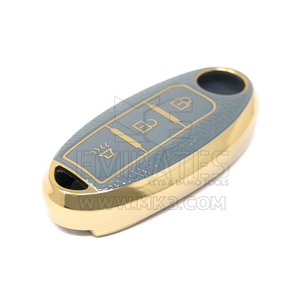 Nuova cover in pelle dorata aftermarket Nano di alta qualità per chiave remota Nissan 3 pulsanti colore grigio NS-A13J3A | Chiavi degli Emirati