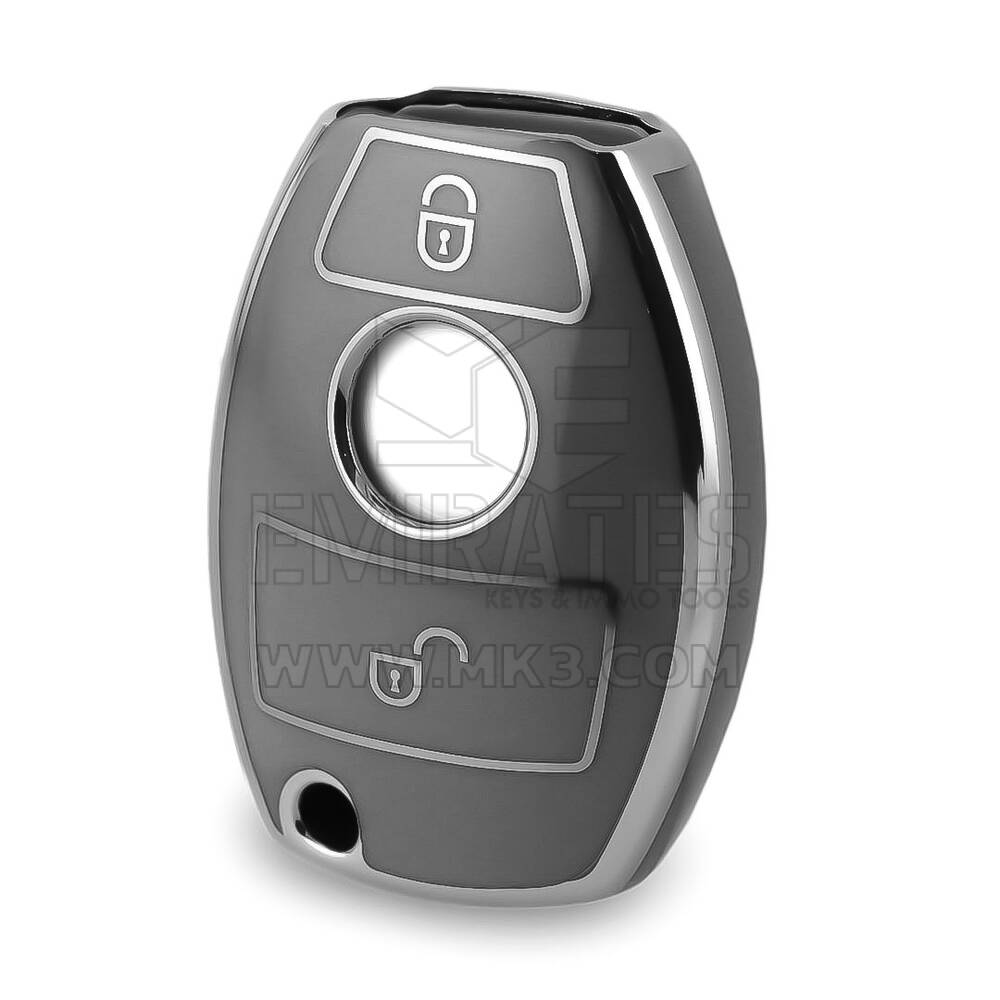 Mercedes Uzaktan Anahtar 2 Düğmeli Koyu Gri Renkli Gümüş Çerçeveli Nano Yüksek Kaliteli Kılıf Benz-A11Y2
