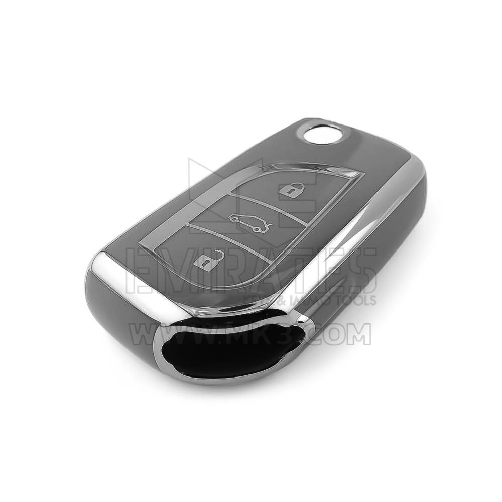 Nova capa Nano de reposição de alta qualidade para chave remota Toyota com 3 botões, cor cinza escuro, moldura prateada TYT-C11Y3 | Chaves Emirates