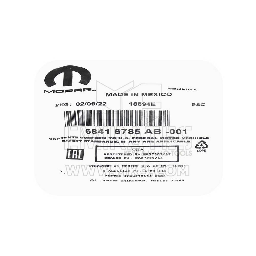 Llave remota original/OEM nueva sin botones para Jeep Wrangler 2018-2025 Número de pieza OEM: 68416785AB/68416785AC | Emirates Keys