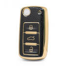غطاء جلد نانو ذهبي عالي الجودة لسيارة فولكس فاجن فليب ريموت 3 أزرار لون أسود VW-A13J