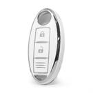 Cover di alta qualità Nano per chiave telecomando Nissan a 2 pulsanti, colore bianco, cornice argentata NS-A11Y3C