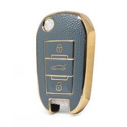 Nano High Quality Gold Leather Cover For Peugeot Flip Remote Key 3 Buttons Gray Color PG-C13J