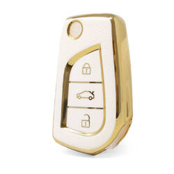 Nano capa de couro dourado de alta qualidade para Toyota Flip Remote Key 3 botões cor branca TYT-C13J