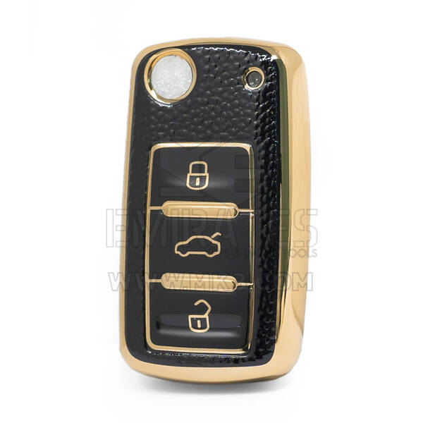 غطاء جلد نانو ذهبي عالي الجودة لسيارة فولكس فاجن فليب ريموت 3 أزرار لون أسود VW-A13J