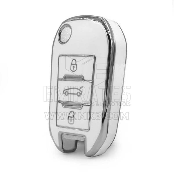 Высококачественный чехол Nano для дистанционного ключа Peugeot с 3 кнопками, белый цвет, серебристая рамка PG-C11Y