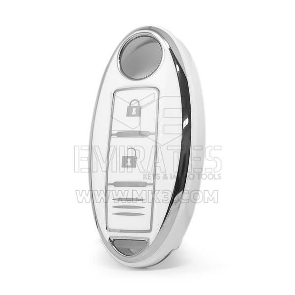 Cover di alta qualità Nano per chiave telecomando Nissan a 2 pulsanti, colore bianco, cornice argentata NS-A11Y3C