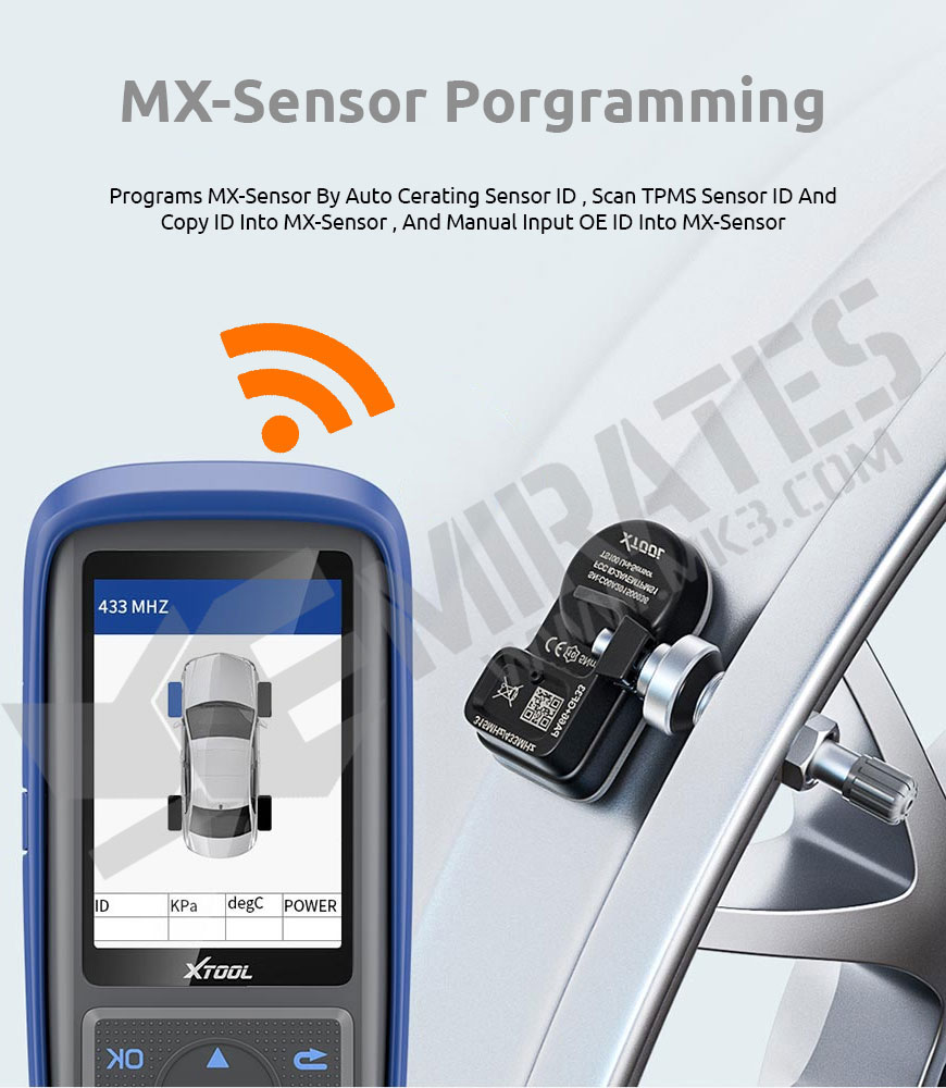Programa MX-Sensor criando automaticamente o ID do sensor, faz a varredura do TPMS Sensor ID e copia o ID para o MX-Sensor, e a entrada manual do OE ID para o MX-Sensor. XTool TP 150 Support tire pressure sensor programming