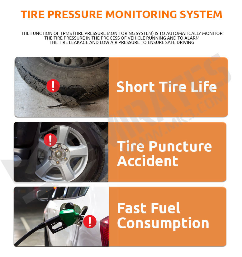 SISTEMA DE MONITORAMENTO DA PRESSÃO DOS PNEUS A FUNÇÃO DO TPMS (SISTEMA DE MONITORAMENTO DA PRESSÃO DOS PNEUS) É MONITORAR AUTOMATICAMENTE A PRESSÃO DOS PNEUS NO PROCESSO DE FUNCIONAMENTO DO VEÍCULO E ALARME O VAZAMENTO DO PNEU E A BAIXA PRESSÃO DE AR PARA GARANTIR UMA CONDUÇÃO SEGURA Short Tire Life , Tire Puncture Accident , Fast Fuel Consumption
