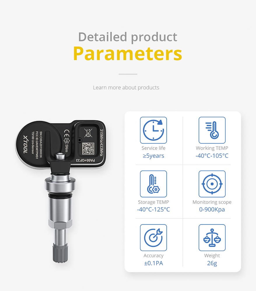 Xtool-TS100-Tyre-Pressure-Sensor-Sensor-تفصيلية- برودوكت-بارامترات
