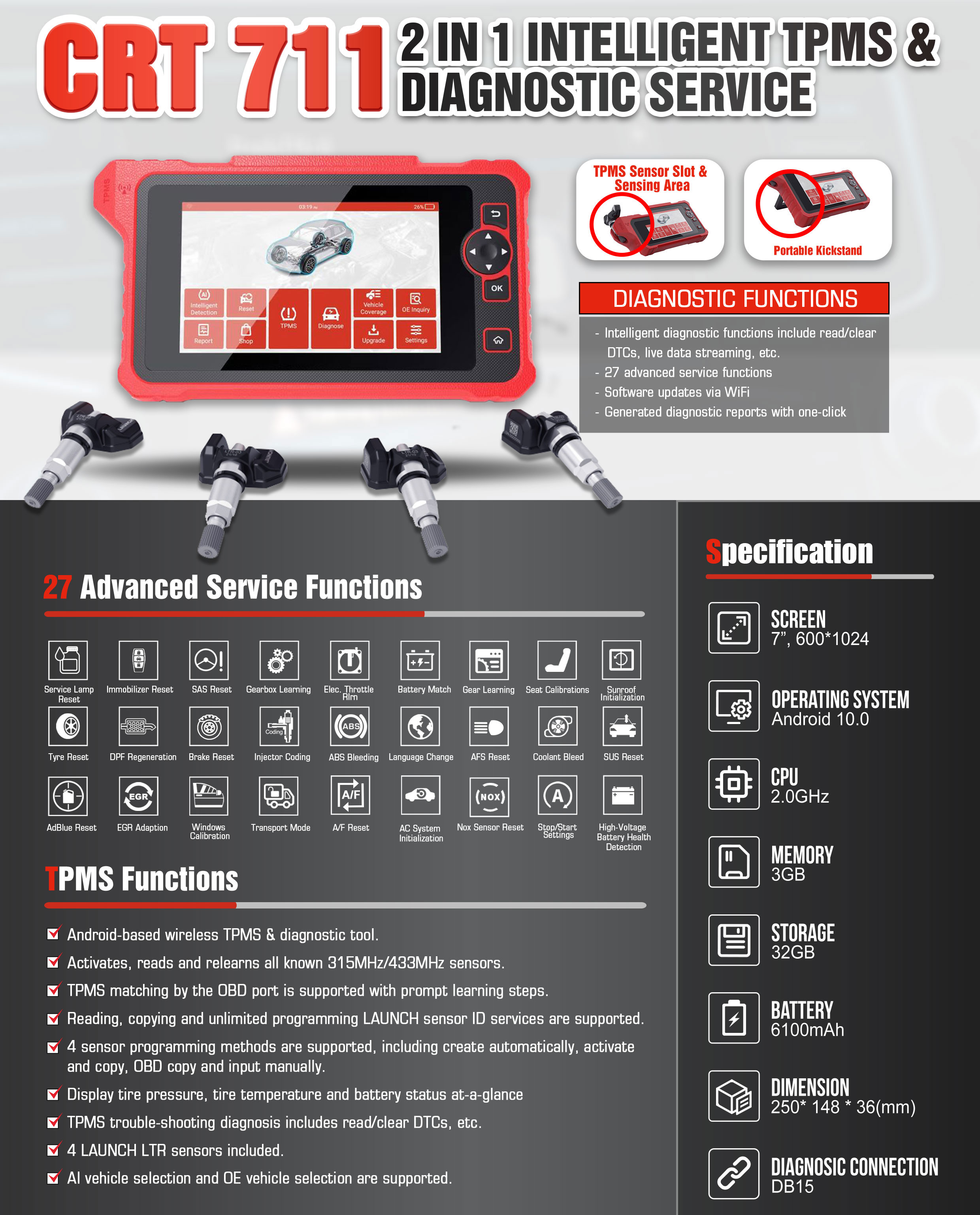 Профессиональный диагностический инструмент Launch CRT 711 для систем TPMS способен считывать, изучать и программировать датчики Launch, а также активировать идентификатор датчика по радиочастотным сигналам | Emirates Keys