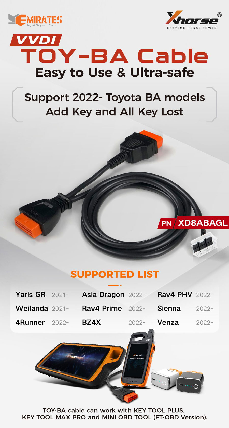 Novo adaptador Xhorse XD8ABAGL TOY-BA Toyota BA Todas as chaves perdidas para 2022- Toyota BA Adicionar chave e AKL funciona com VVDI Key Tool Plus, Key Tool Max Pro e FT-Mini OBD Tool | Chaves dos Emirados