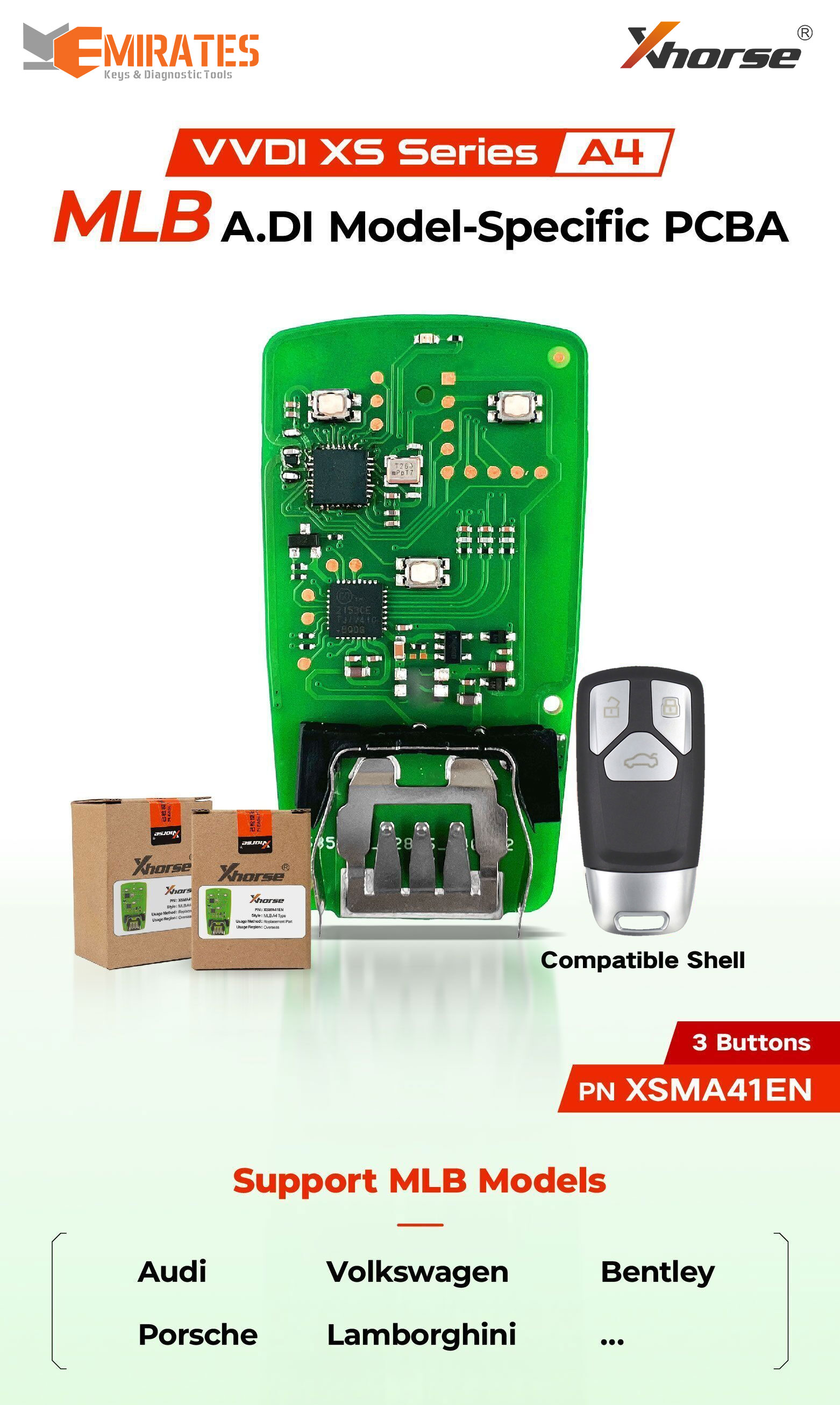 Nuovo telecomando intelligente MLB Xhorse XSMA41EN PCB a 3 pulsanti per Audi, Volkswagen, Bentley, Portico, Lamborghini per strumento MLB VVDI riutilizzabile | Emirates Keys