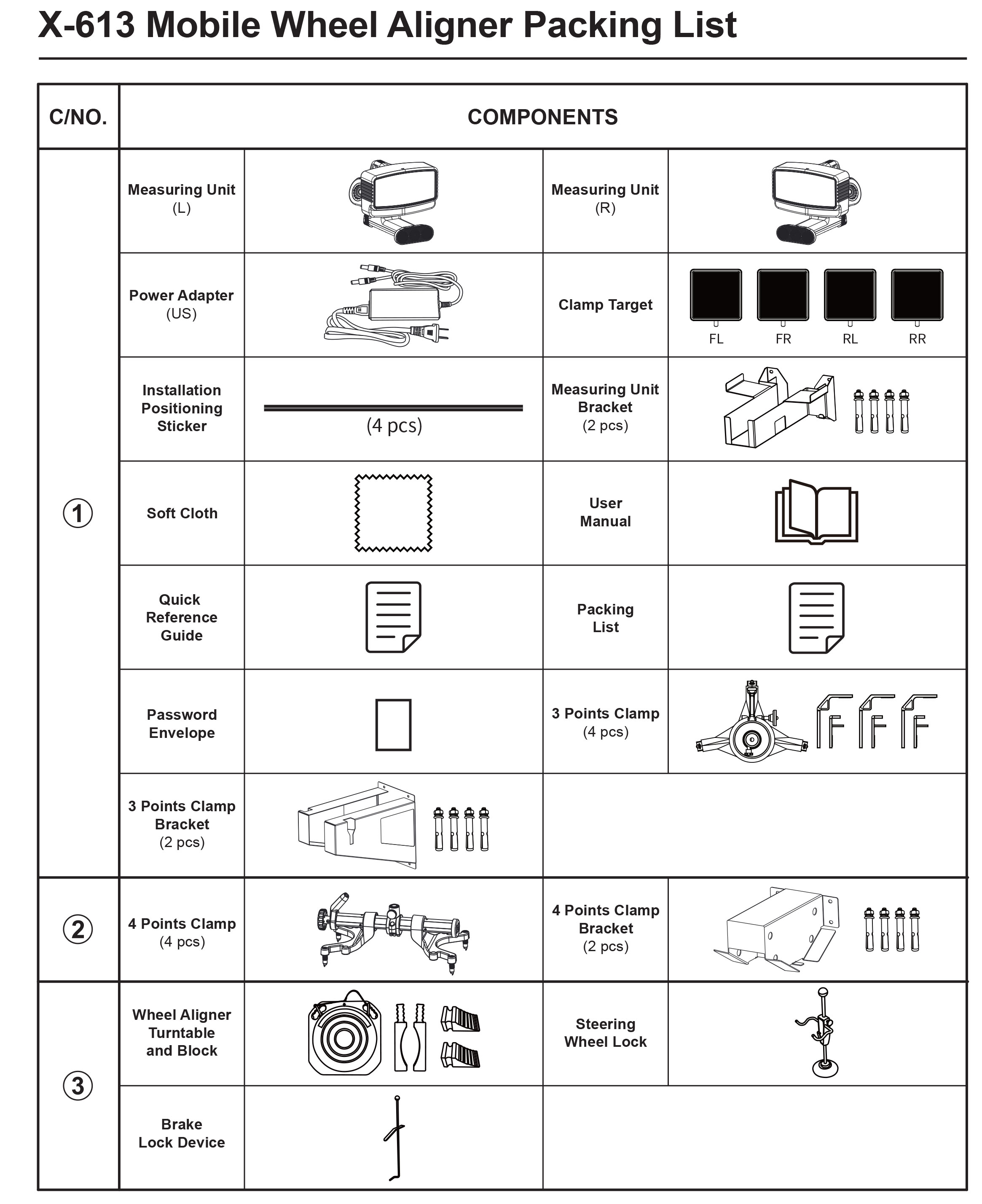 Launch X-613 Portable 3D Wheel Aligner Packing List