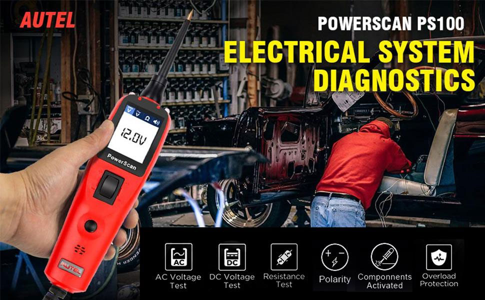 Autel PowerScan PS100 Testeur de circuit automobile Outil de diagnostic du système électrique Testeur de tension de circuit de voiture Prise en charge du voltmètre numérique Lire la tension, le courant et la résistance