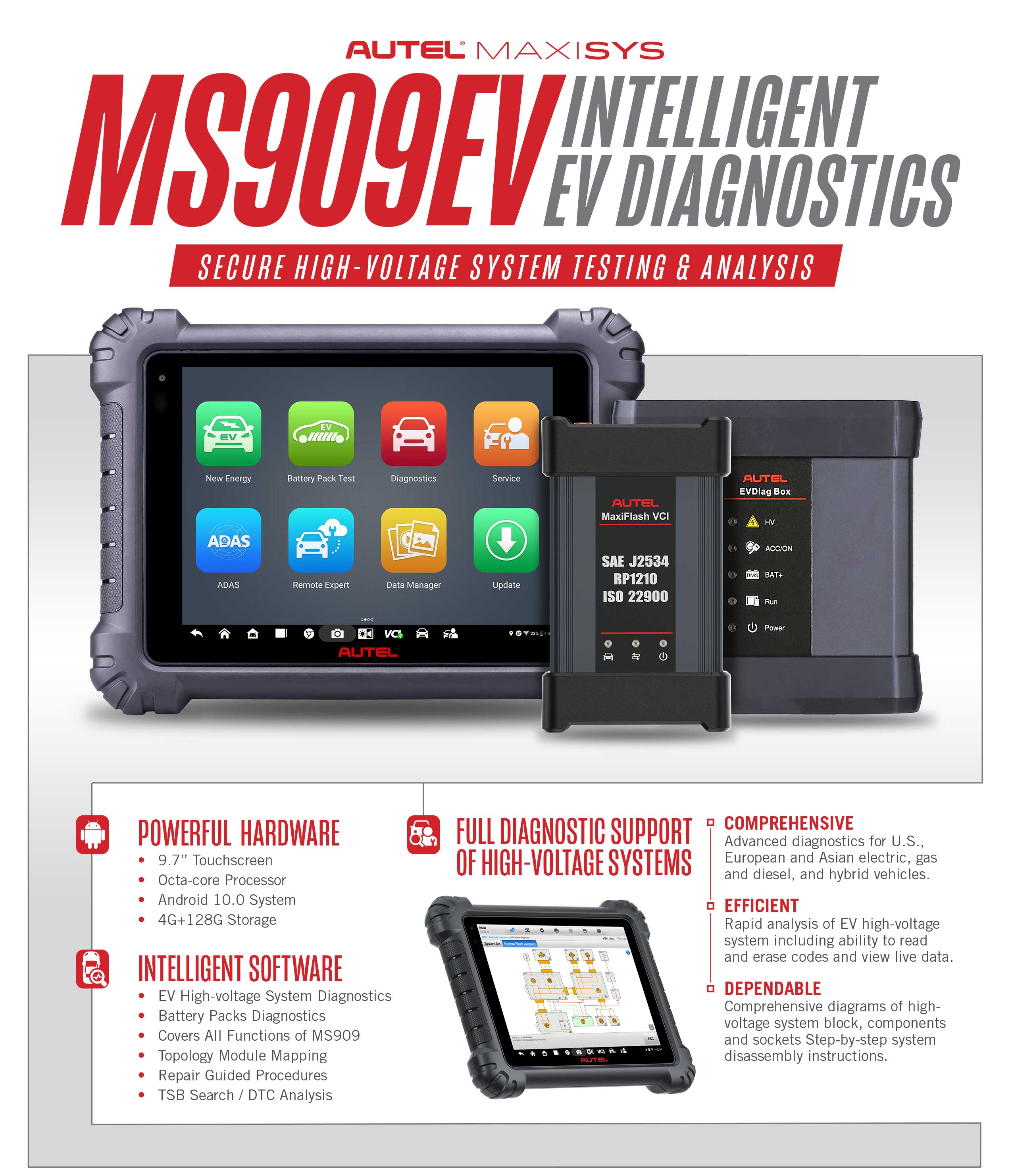 جهاز تشخيص أوتيل ماكسيسيس MS909EV اللوحي للسيارات الكهربائية والهجينة والبنزين والديزل، مزود بصندوق تشخيص أعطال السيارات الكهربائية (EVDiag) | مفاتيح الإمارات