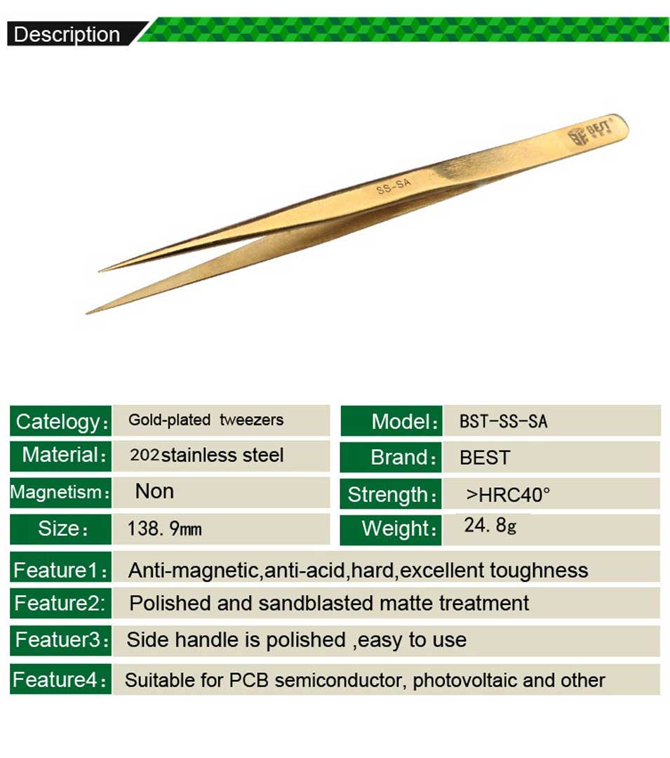 BEST BST-SS-SA Gold Plated Tip Tweezer Precision Tweezers Laid Special Hard Wear-Resistant | Emirates Keys