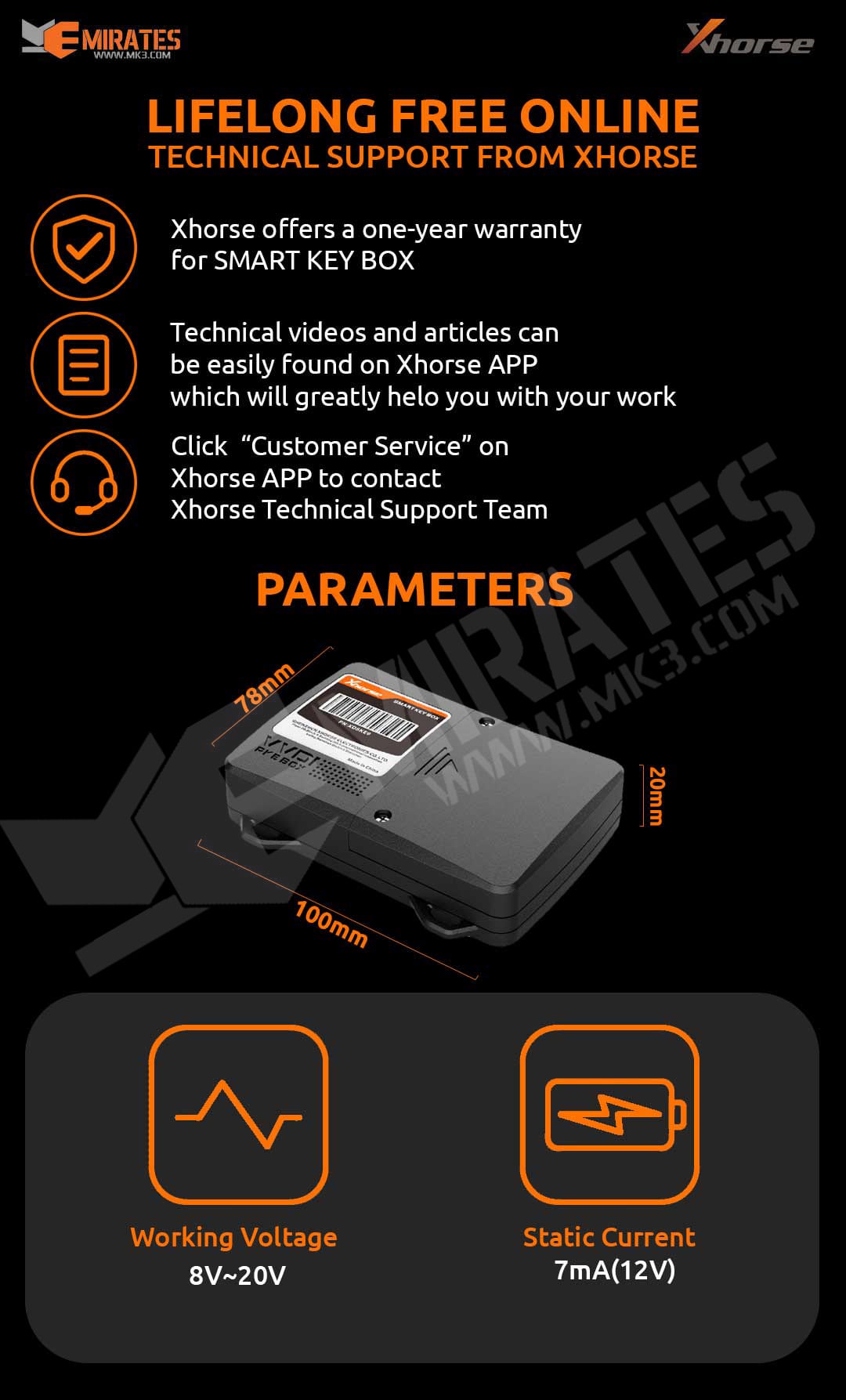 Garantie d'un an et application Contacter l'équipe d'assistance technique de Xhorse Working Voltage - Static Current